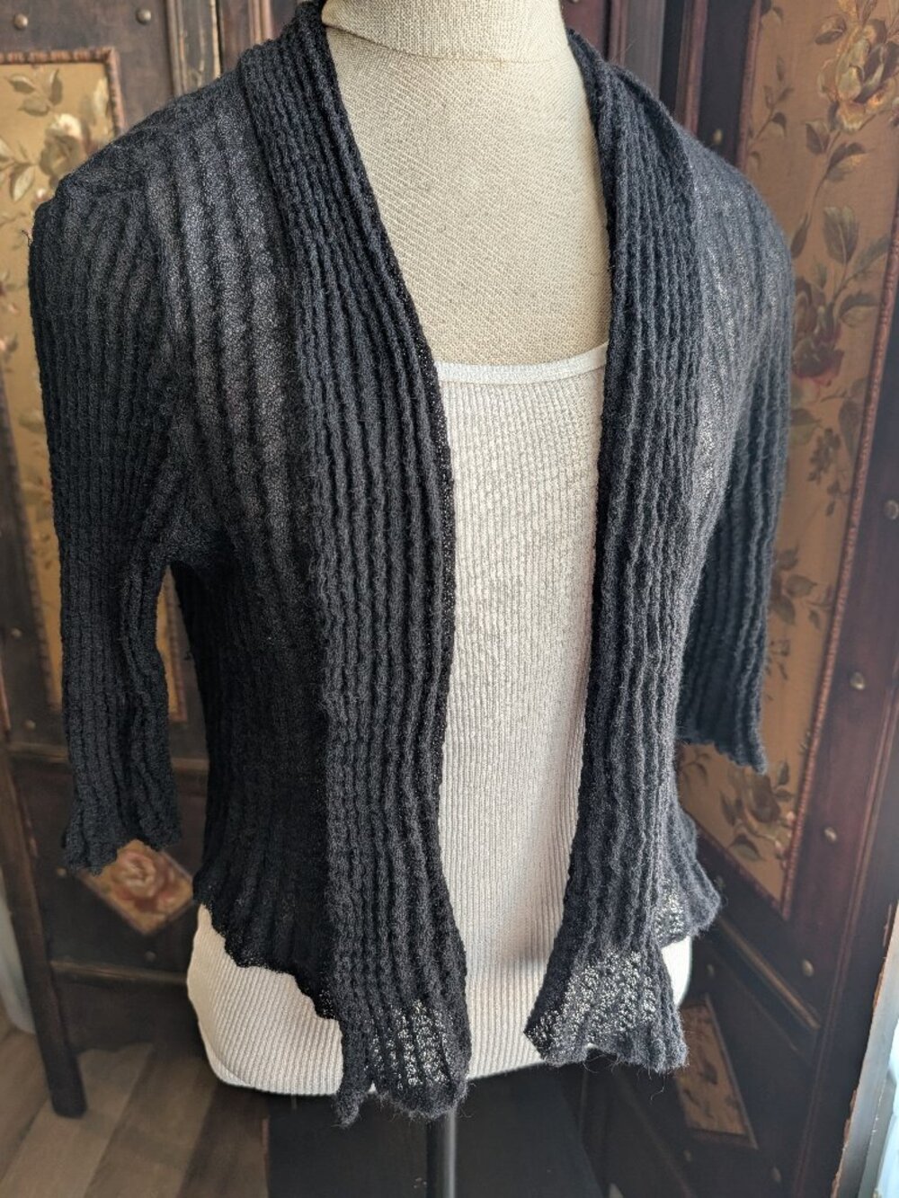 Eileen Fisher Black Mohair Blend Ribbed Sheer Open Front Shrug Cardigan M
